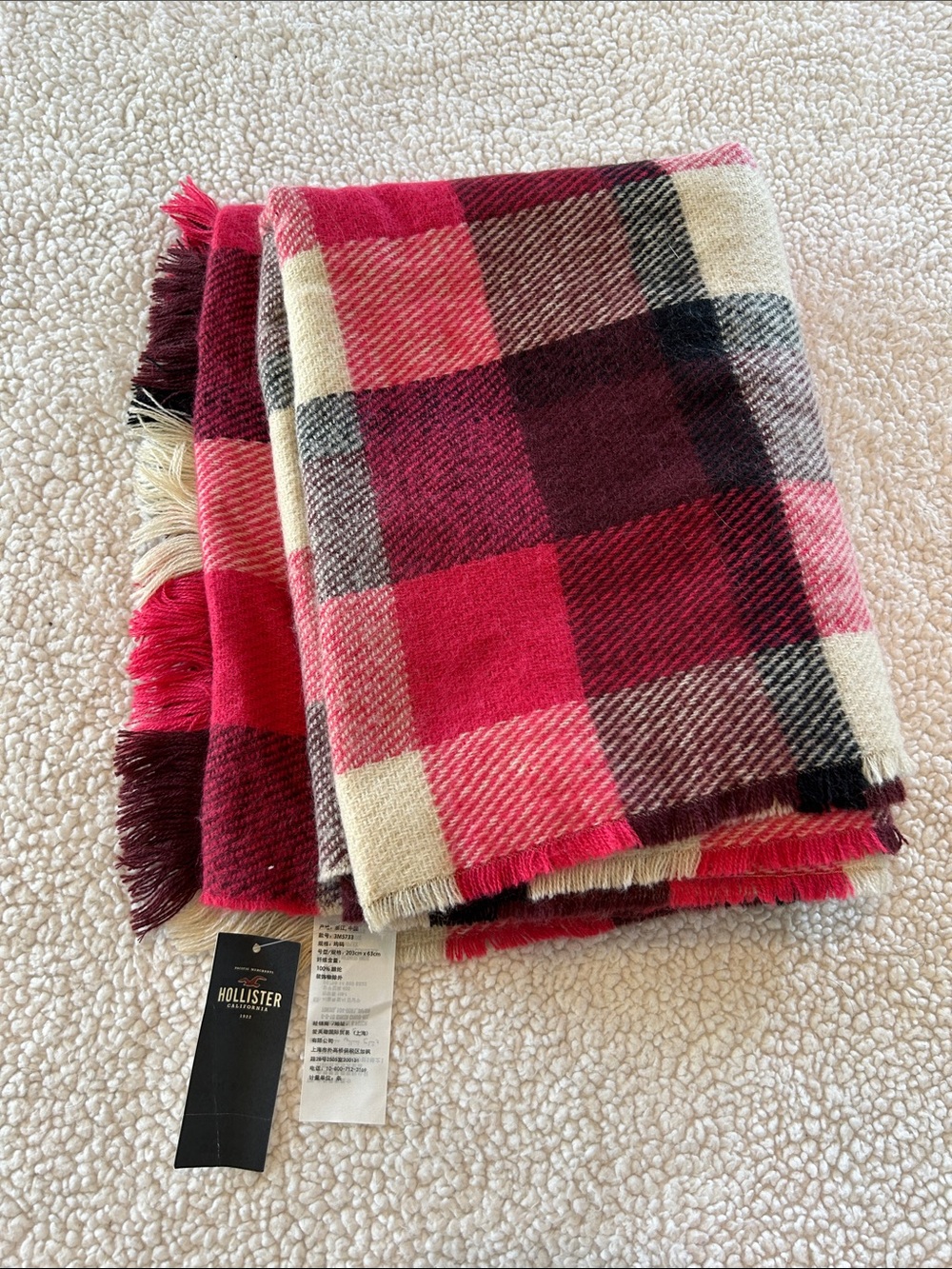 Hollister Pink and Cream Plaid Fringe Scarf